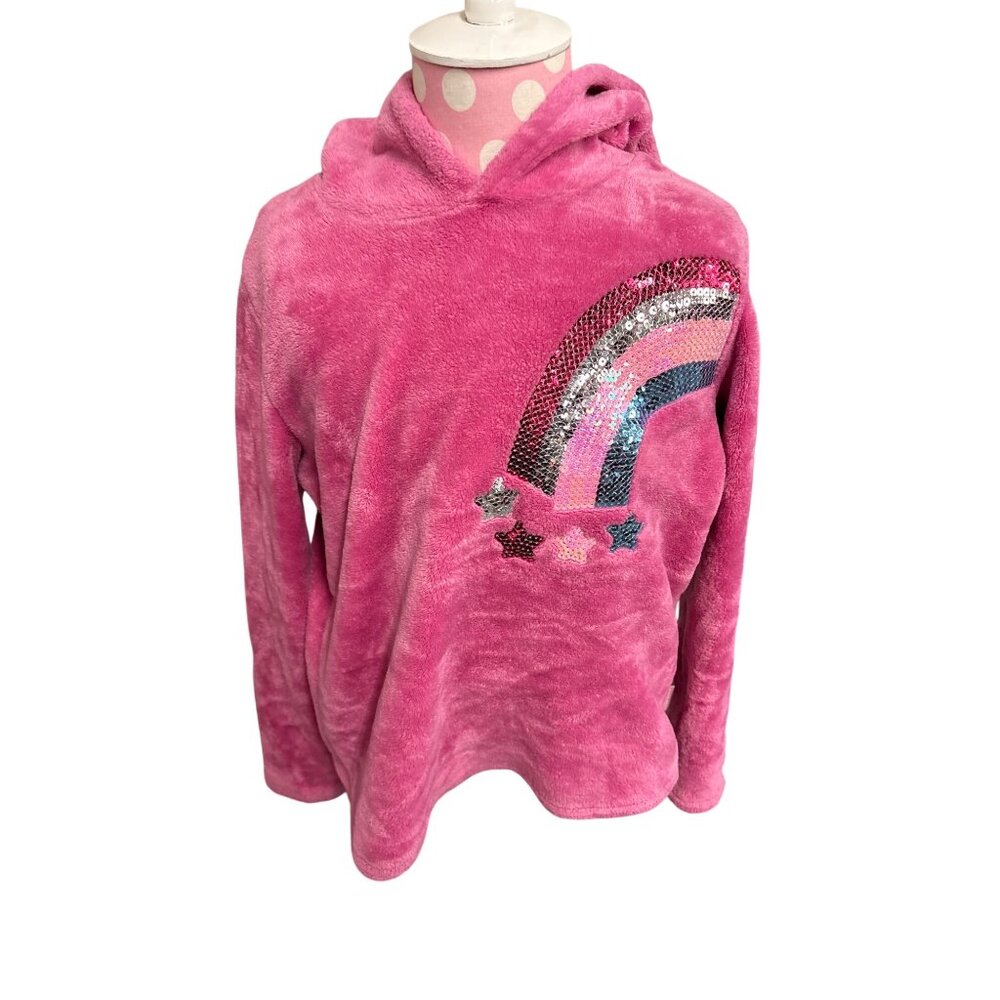 BCBG Girls Pink Plush Hoodie W/Rainbow Sequin Detail Size M (10/12)